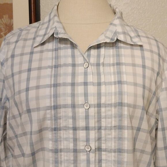 J. Jill Size M Gray Blue White Plaid Button Down Tunic Blouse - Picture 2 of 10